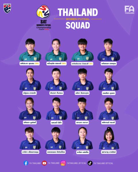 OFFICIAL! ประกาศ : รายชื่อ ฟุตซอลหญิงทีมชาติไทย สู้ศึก SAT Women’s Futsal Championship 2025 ก่อนลุยฟุตซอลหญิงชิงแชมป์โลก