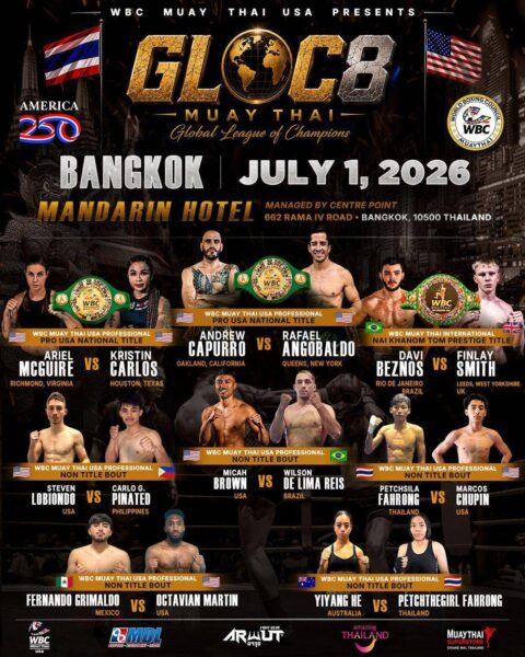 WBC MUAY THAI USA จัดศึกใหญ่ชิงเข็มขัดมวยไทย 3 เส้นในรายการ “GLOC8 MUAY THAI GLOBAL LEAQUE OF CHAMPIONS” วันที่ 1 ก.ค.69 ที่ โรงแรมแมนดาริน เวลา 18.00 น.