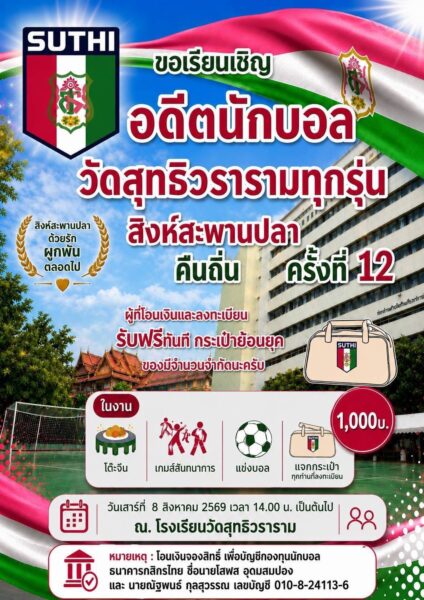 ชมรมบอล“วัดสุทธิฯ”เตรียมจัดงานพี่พบน้อง ครั้งที่ 12 รวมดาวดังอดีตทีมชาติ ถ่ายทอดประสบการณ์ให้ยช.