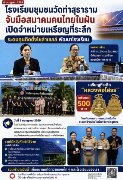 ชุมพร-โรงเรียนชุมชนวัดท่าสุธาราม จับมือสมาคมคนไทยในฝัน จัดทำเหรียญที่ระลึกหลวงพ่อโสธร ระดมทุนติดตั้งระบบโซล่าเซลล์ พัฒนาสื่อการเรียนการสอน