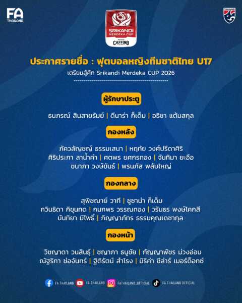 ประกาศ : รายชื่อ 23 แข้ง ฟุตบอลหญิงทีมชาติไทย U17 เตรียมสู้ศึก Srikandi Merdeka CUP 2026 ที่อินโดนีเซีย