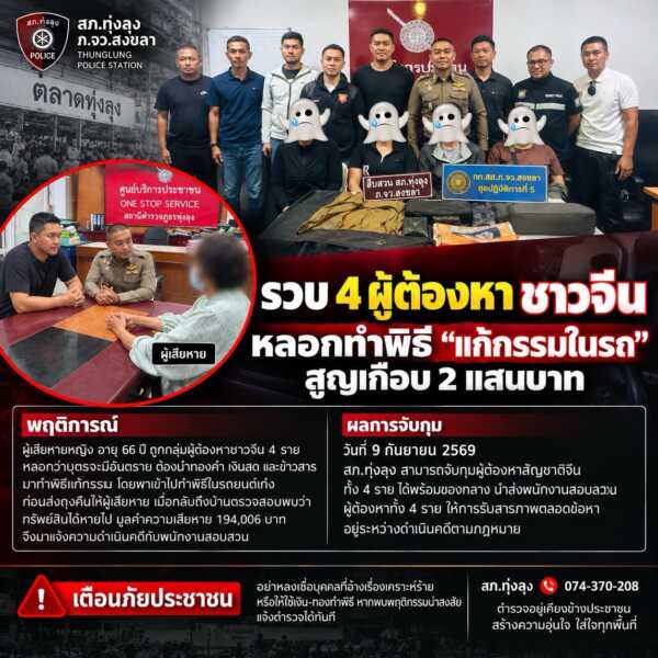 รวบ 4 ชาวจีน อ้างทำพิธีแก้เคราะห์ หลอกหญิงวัย 66 ปี สูญทอง-เงินกว่า 1.9 แสนบาท