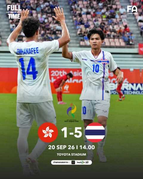 ทีมชาติไทยอัดฮ่องกง 5-1 ศึกเอเชียนเกมส์ 2026 นัดที่สอง กลุ่มเอ