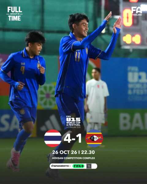 ทีมชาติไทย U15 อัด เอสวาตินี 4-1 จบอันดับสามกลุ่มเอ็ม ศึกFIFA U-15 World Cup & Festival 2026