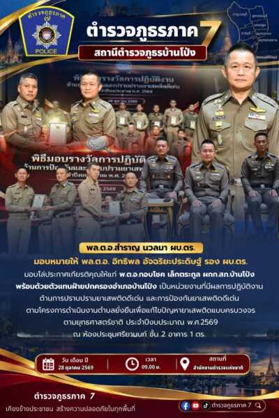 ผบ.ตร. มอบหมายรอง ผบ.ตร. มอบโล่เกียรติคุณ สภ.บ้านโป่ง–ฝ่ายปกครอง รับรางวัลผลงานเด่นปราบปรามและป้องกันยาเสพติด ปี 2569